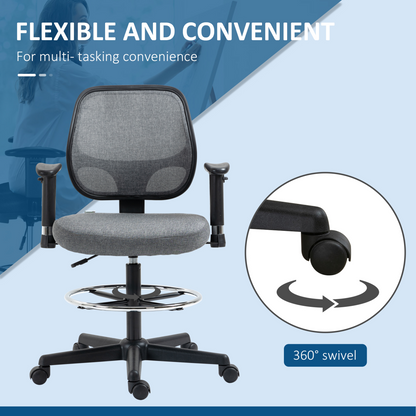 Drafting Chair Tall Office Stand Desk Chair  Foot Ring, Arm, Wheel Vinsetto