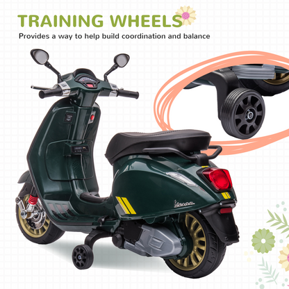 AIYAPLAY Vespa Licensed 12V Kids Electric Bike w/ 2 Training Wheels, Green