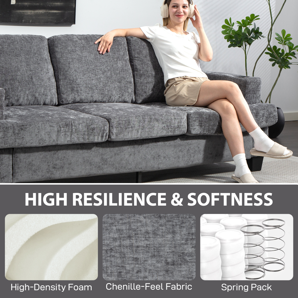 HOMCOM 3 Seater Sofa, Fabric Sofa with USB Ports and Cup Holders, Grey