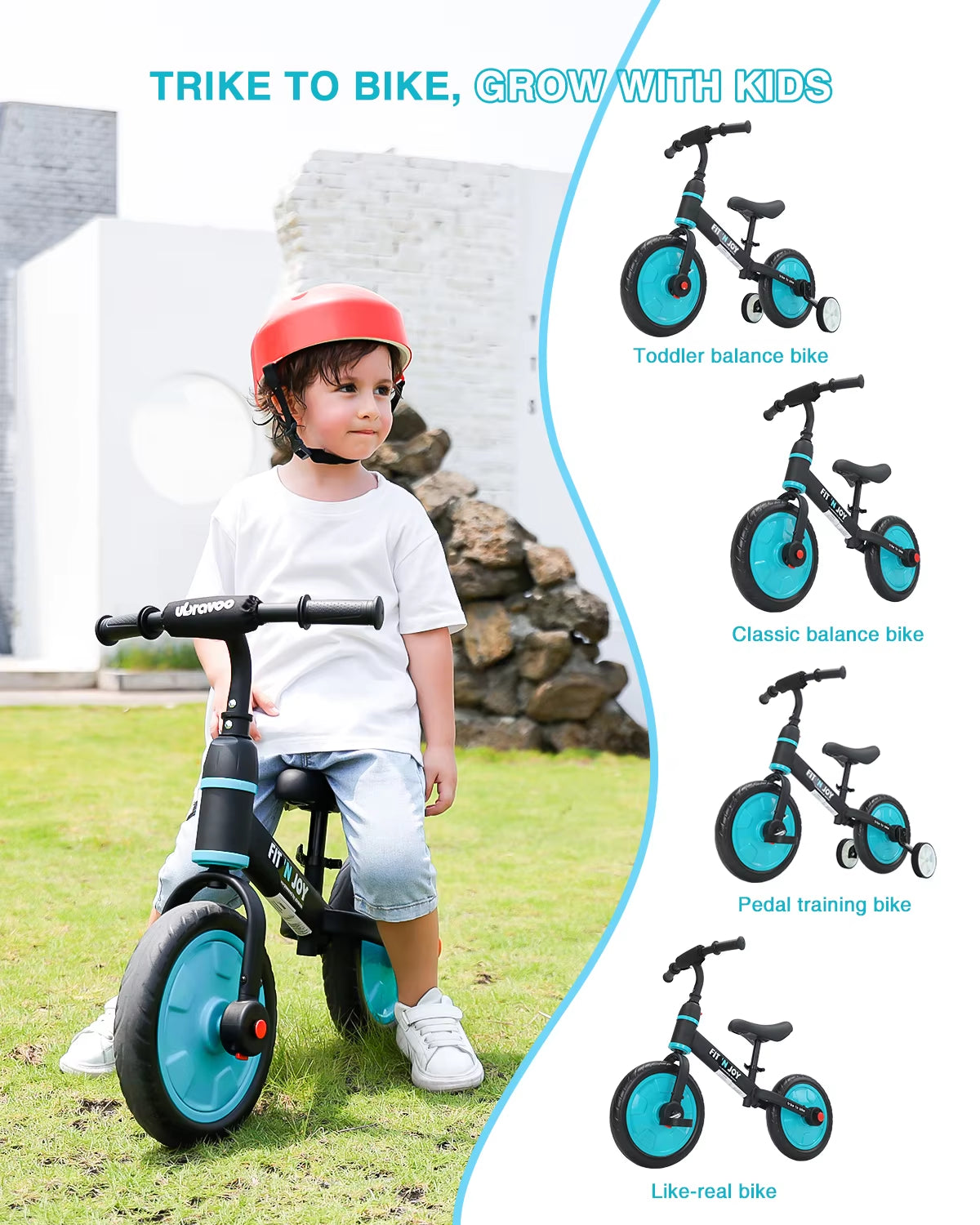 UBRAVOO Fit 'N Joy 4-in-1 Beginner Balance Bike for Toddlers 2-4 - Perfect for Boys & Girls with Pedals and Training Wheels