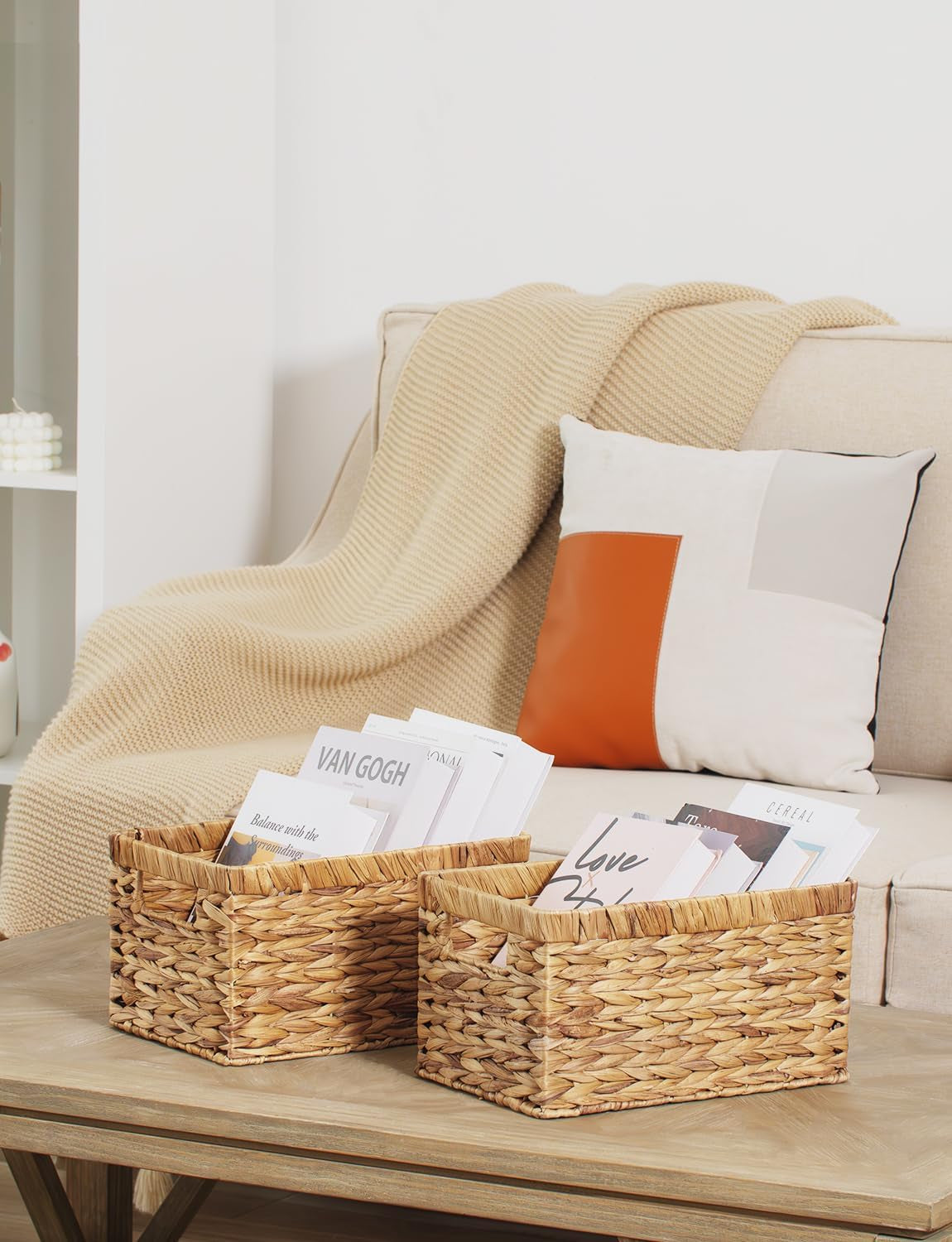 Stylish Wicker Storage Baskets with Handles - 2-Pack Large Rectangular Organizers for Pantry & Bathroom in Natural Water Hyacinth