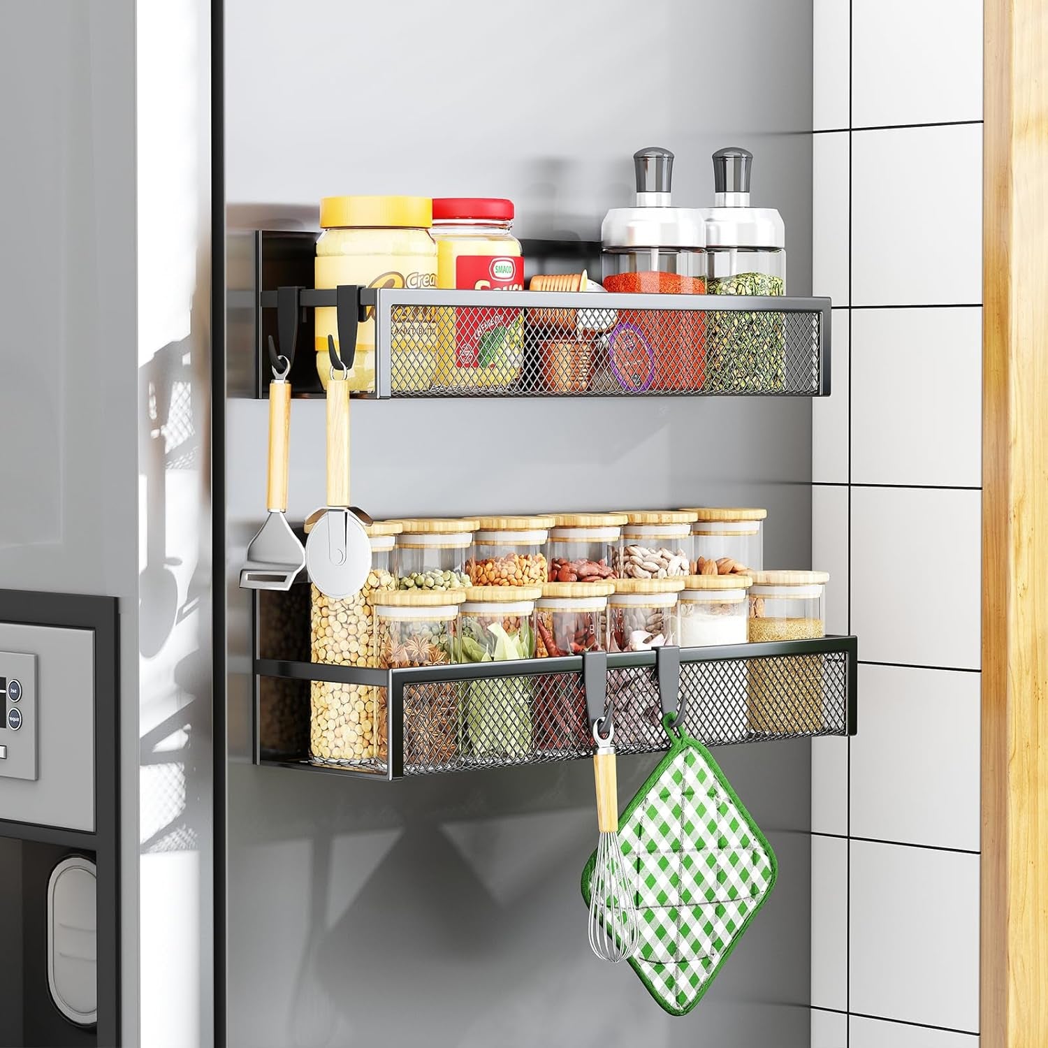Magnetic Spice Rack Set - 2 Pack Fridge Organizer with Moveable Hooks for Ultimate Kitchen Storage