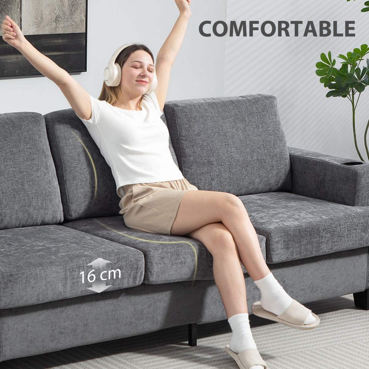 HOMCOM 3 Seater Sofa, Fabric Sofa with USB Ports and Cup Holders, Grey