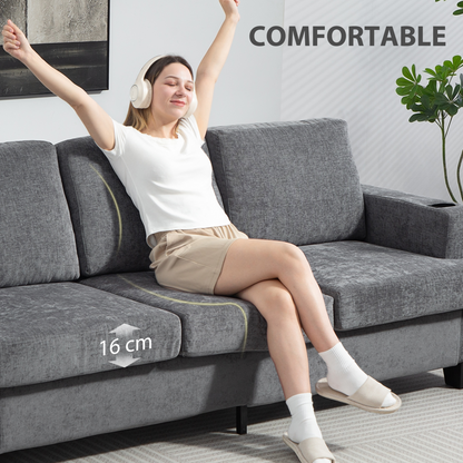 HOMCOM 3 Seater Sofa, Fabric Sofa with USB Ports and Cup Holders, Grey