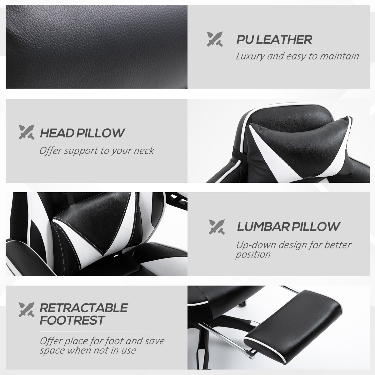 Gaming Chair Ergonomic Reclining w/ Manual Footrest Wheels Stylish Office White