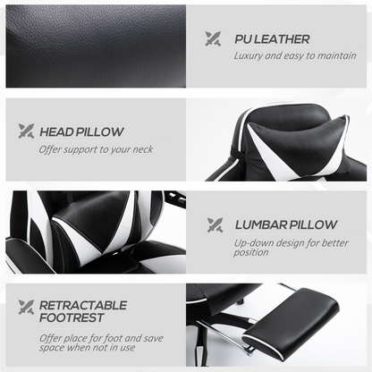 Gaming Chair Ergonomic Reclining w/ Manual Footrest Wheels Stylish Office White