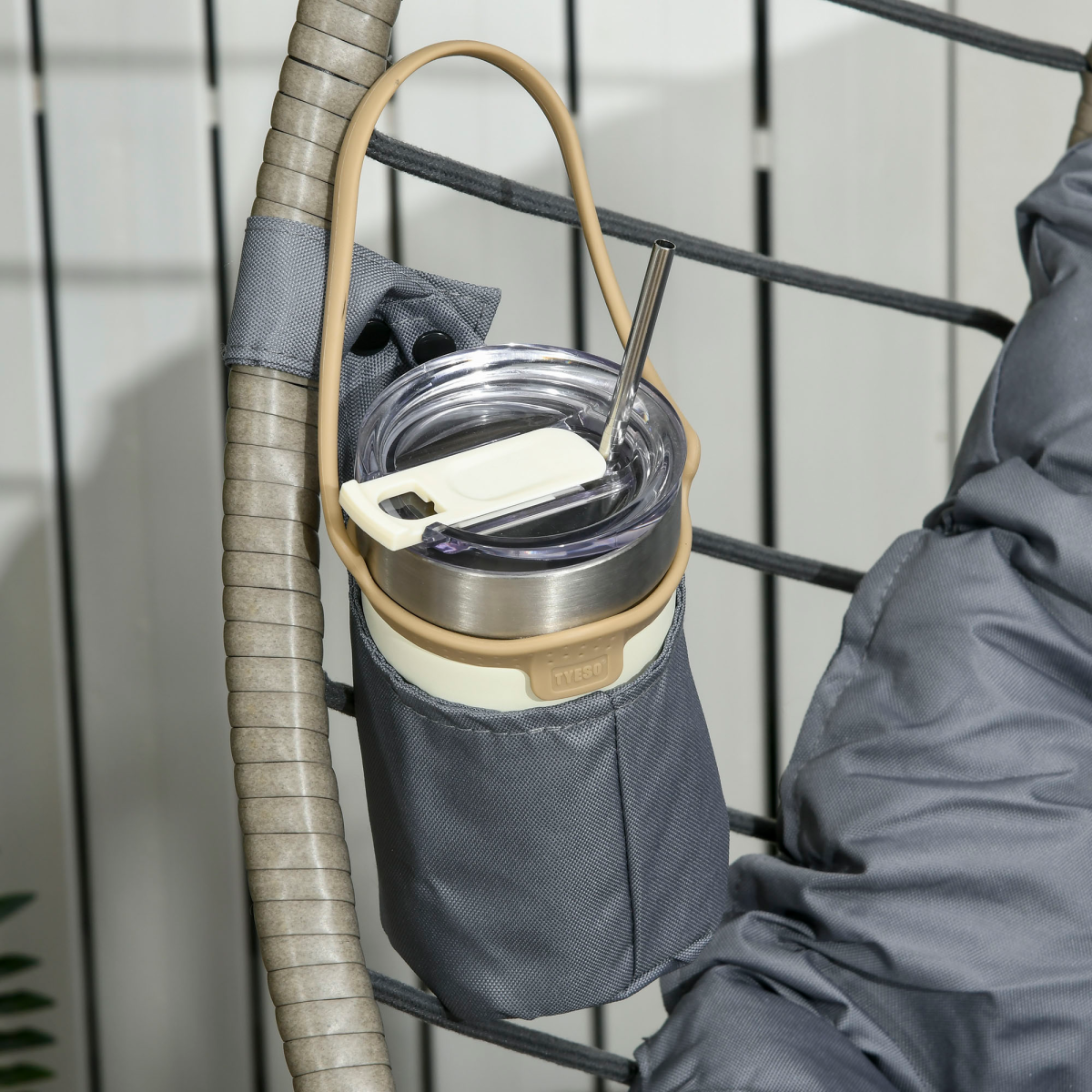 Outsunny PE Rattan Hanging Swing Chair w/ Stand & Cup Holder, Grey