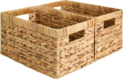 Stylish Wicker Storage Baskets with Handles - 2-Pack Large Rectangular Organizers for Pantry & Bathroom in Natural Water Hyacinth