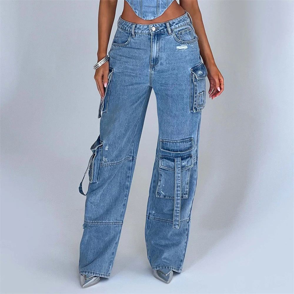 Chic Women's Low Waist Three-Dimensional Tube Top Jeans with Pocket Stitching