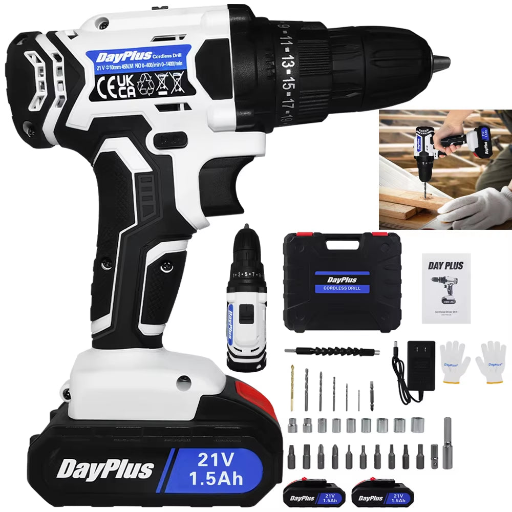 Dayplus 21V Cordless Drill Set - Powerful Electric Screwdriver with 2-Speed Settings, 25+1 Torque, Fast Charger & Long-Lasting Li-Ion Battery