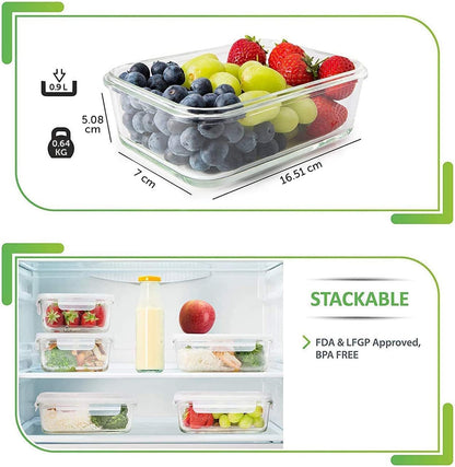 5-Pack Airtight Glass Meal Prep Containers - Reusable Food Storage with Lids (880ml, 1 Compartment)