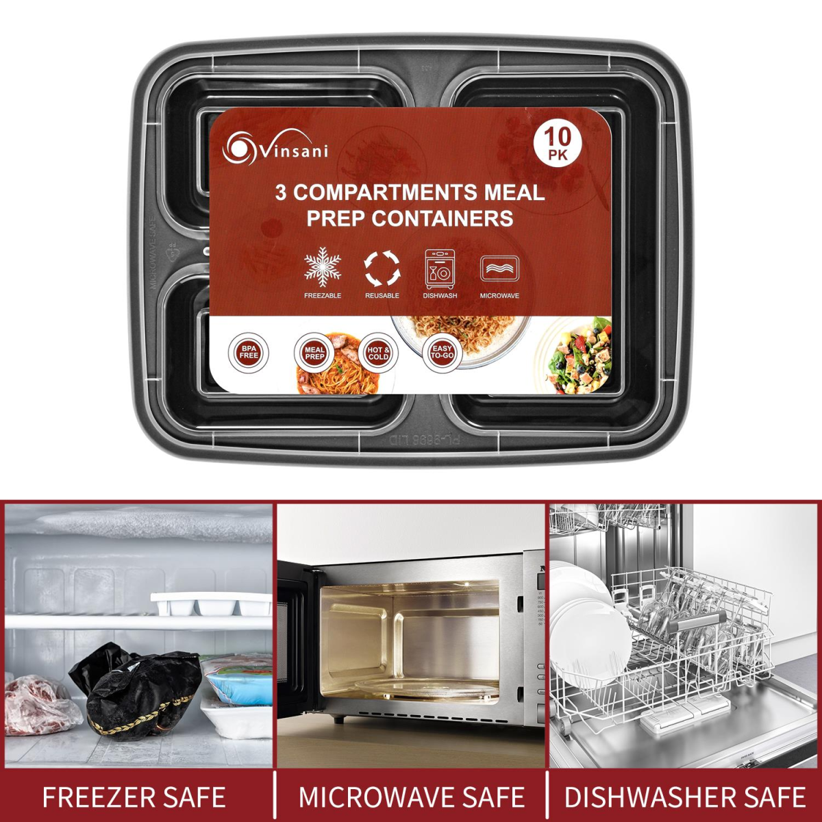 VINSANI 10pk 3 COMPARTMENTS MEAL PREP CONTAINERS 1010425 X 2