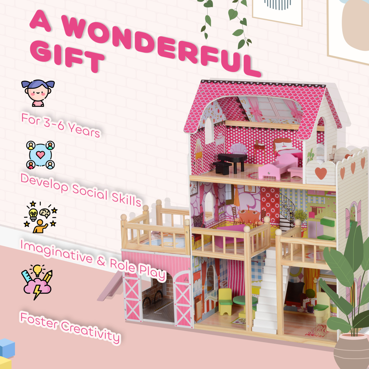 AIYAPLAY Dolls House with 13 Pieces Wooden Furniture and Accessories