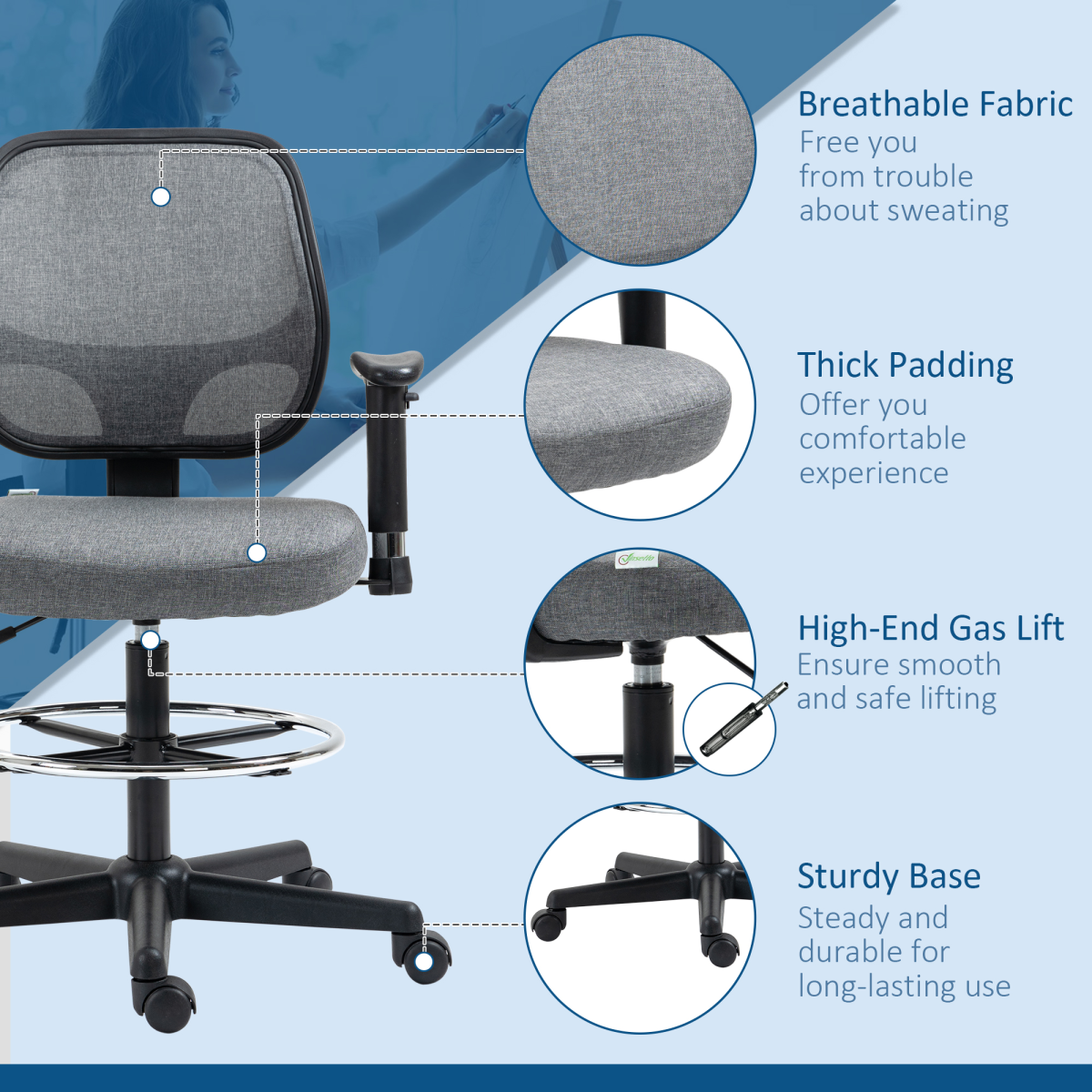 Drafting Chair Tall Office Stand Desk Chair  Foot Ring, Arm, Wheel Vinsetto