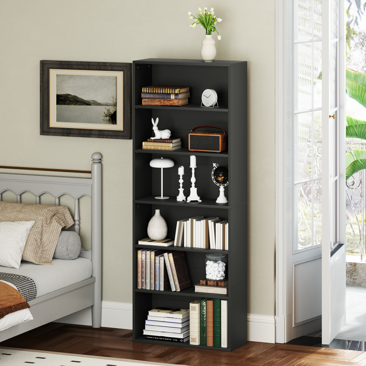 HOMCOM 6 Tier Bookshelf, Freestanding Bookcase with Adjustable Shelves, Black