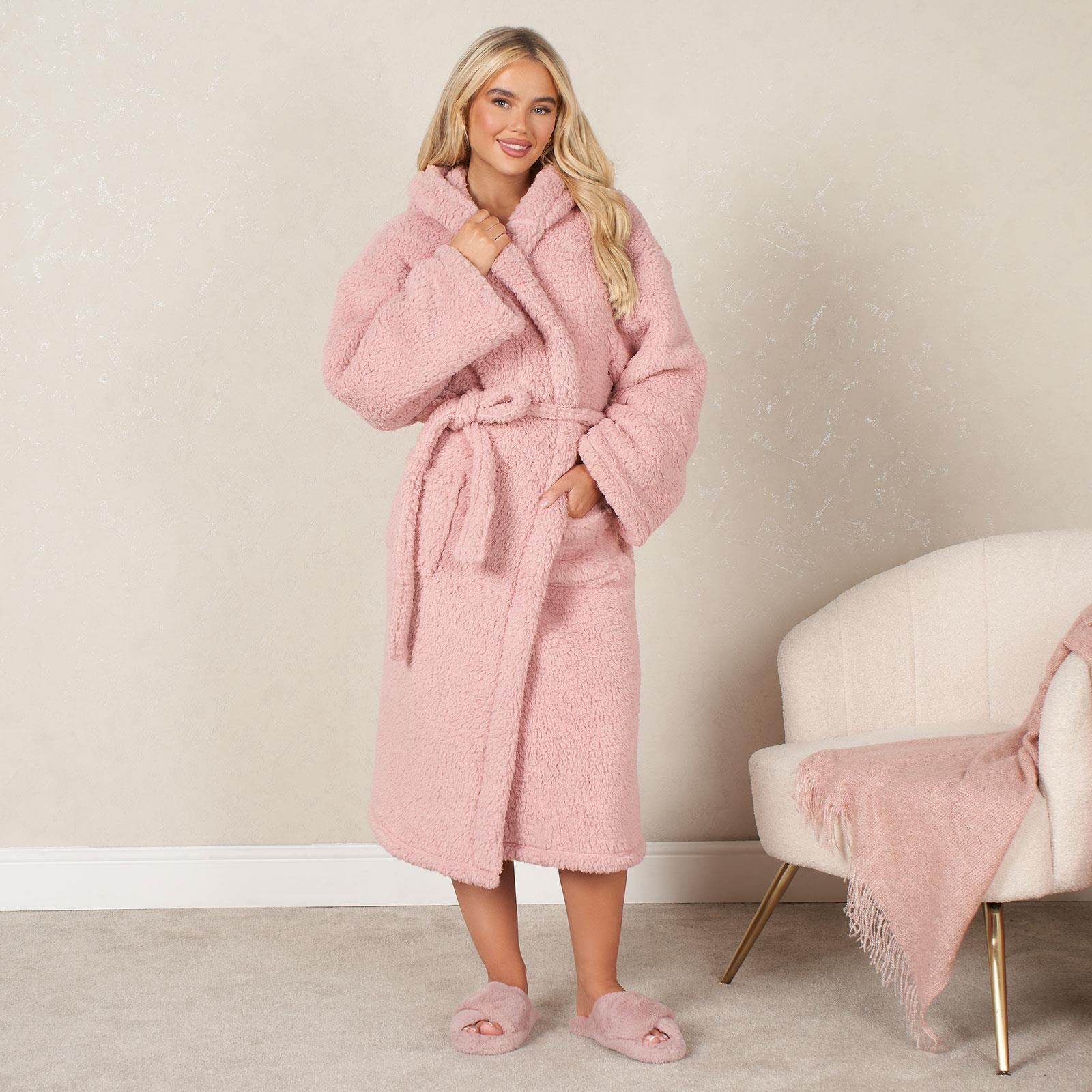 Luxurious Teddy Fleece Hooded Long Dressing Gown - Warm & Cosy Robe for Ladies