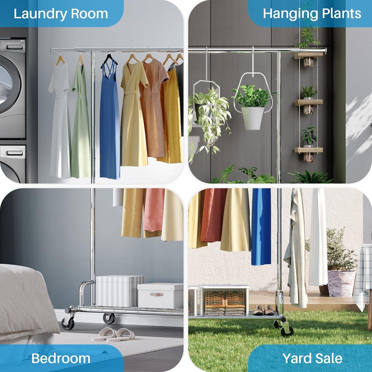 Sturdy Extendable Clothes Rail with Lockable Wheels & Shelves - 238Kg Capacity, Perfect for Space-Saving in Bedrooms, Apartments, & Laundry Rooms - Sleek Silver Design