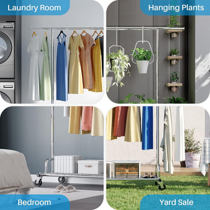 Sturdy Extendable Clothes Rail with Lockable Wheels & Shelves - 238Kg Capacity, Perfect for Space-Saving in Bedrooms, Apartments, & Laundry Rooms - Sleek Silver Design