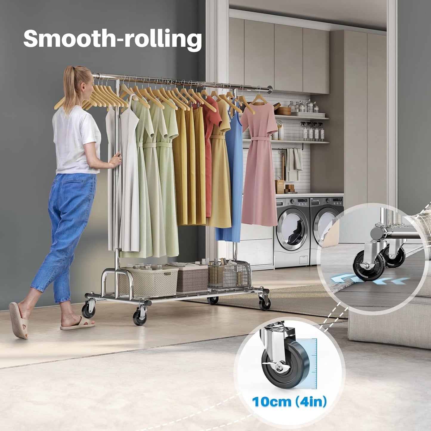 Sturdy Extendable Clothes Rail with Lockable Wheels & Shelves - 238Kg Capacity, Perfect for Space-Saving in Bedrooms, Apartments, & Laundry Rooms - Sleek Silver Design