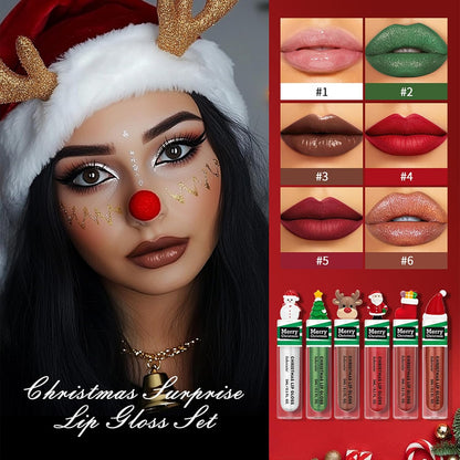 Festive Christmas Lip Gloss Set - 6 Stunning Matte & Pearlescent Shades, Ideal Holiday Gift for Teens & Women, Waterproof & Silky Finish