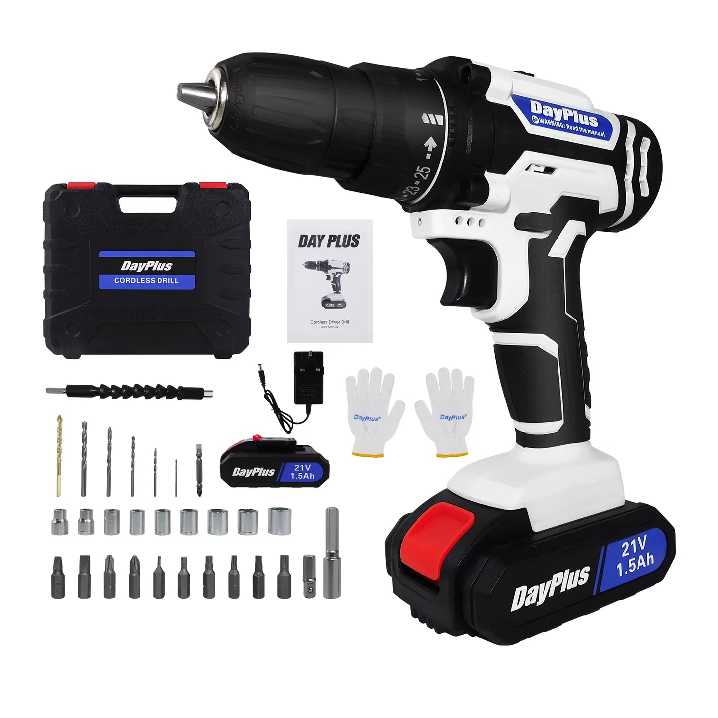 Dayplus 21V Cordless Drill Set - Powerful Electric Screwdriver with 2-Speed Settings, 25+1 Torque, Fast Charger & Long-Lasting Li-Ion Battery