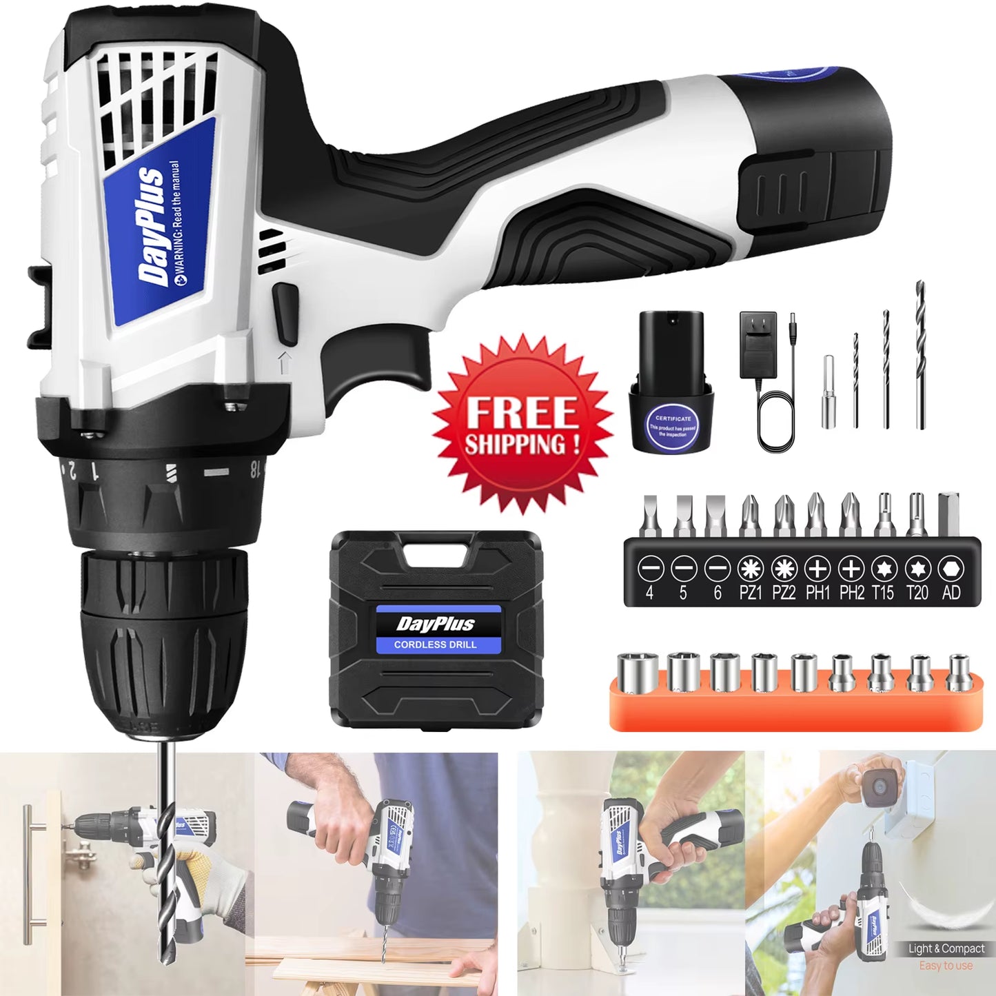 Powerful Cordless Drill Driver Kit - 2-in-1 Electric Screwdriver with 45 N.M Torque, Dual Speed & Keyless Chuck