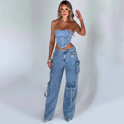 Chic Women's Low Waist Three-Dimensional Tube Top Jeans with Pocket Stitching