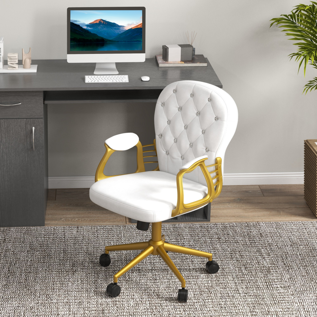 Vinsetto Home Office Chair Button Tufted Desk Chair with Swivel Wheels White