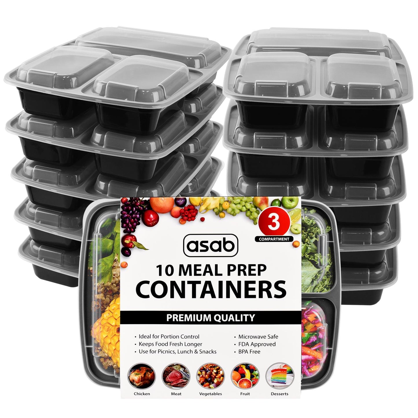 1x Meal Prep Container 3 Partitions 10PK