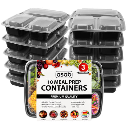1x Meal Prep Container 3 Partitions 10PK