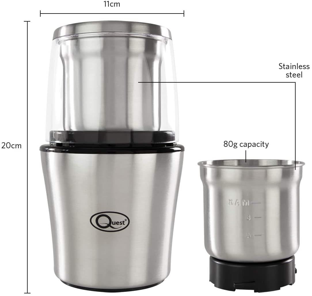 Quest Compact Stainless Steel Electric Grinder, 80g, 200W, 20 x 12 x 12cm 34170