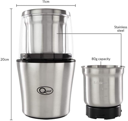 Quest Compact Stainless Steel Electric Grinder, 80g, 200W, 20 x 12 x 12cm 34170