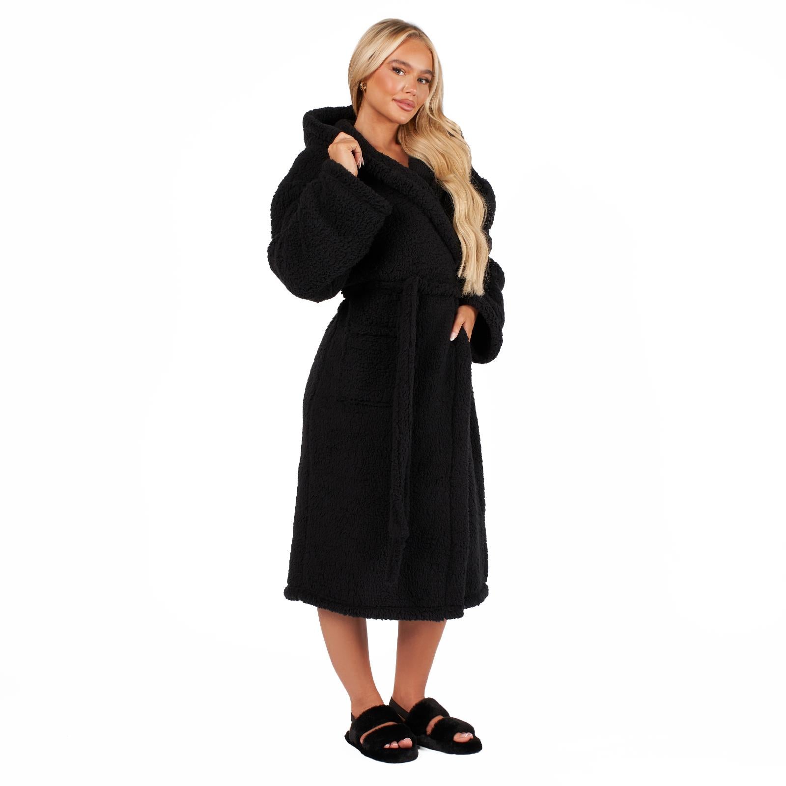 Luxurious Teddy Fleece Hooded Long Dressing Gown - Warm & Cosy Robe for Ladies