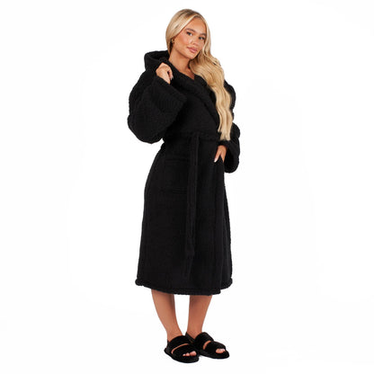 Luxurious Teddy Fleece Hooded Long Dressing Gown - Warm & Cosy Robe for Ladies