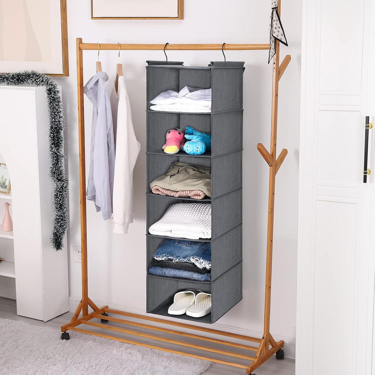 Maximize Your Space with a 6-Tier Hanging Closet Organizer - Foldable & Sturdy Hooks (Grey)