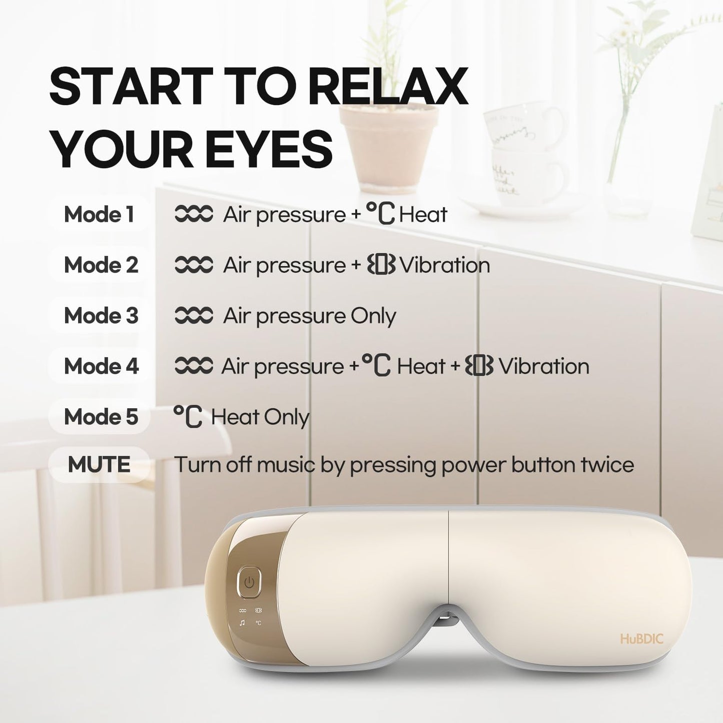 Hubicare Eye Massager - Heat, Vibration & Music for Stress Relief, Dark Circle Reduction, and Enhanced Sleep - Perfect Gift for Men & Women (Ivory)