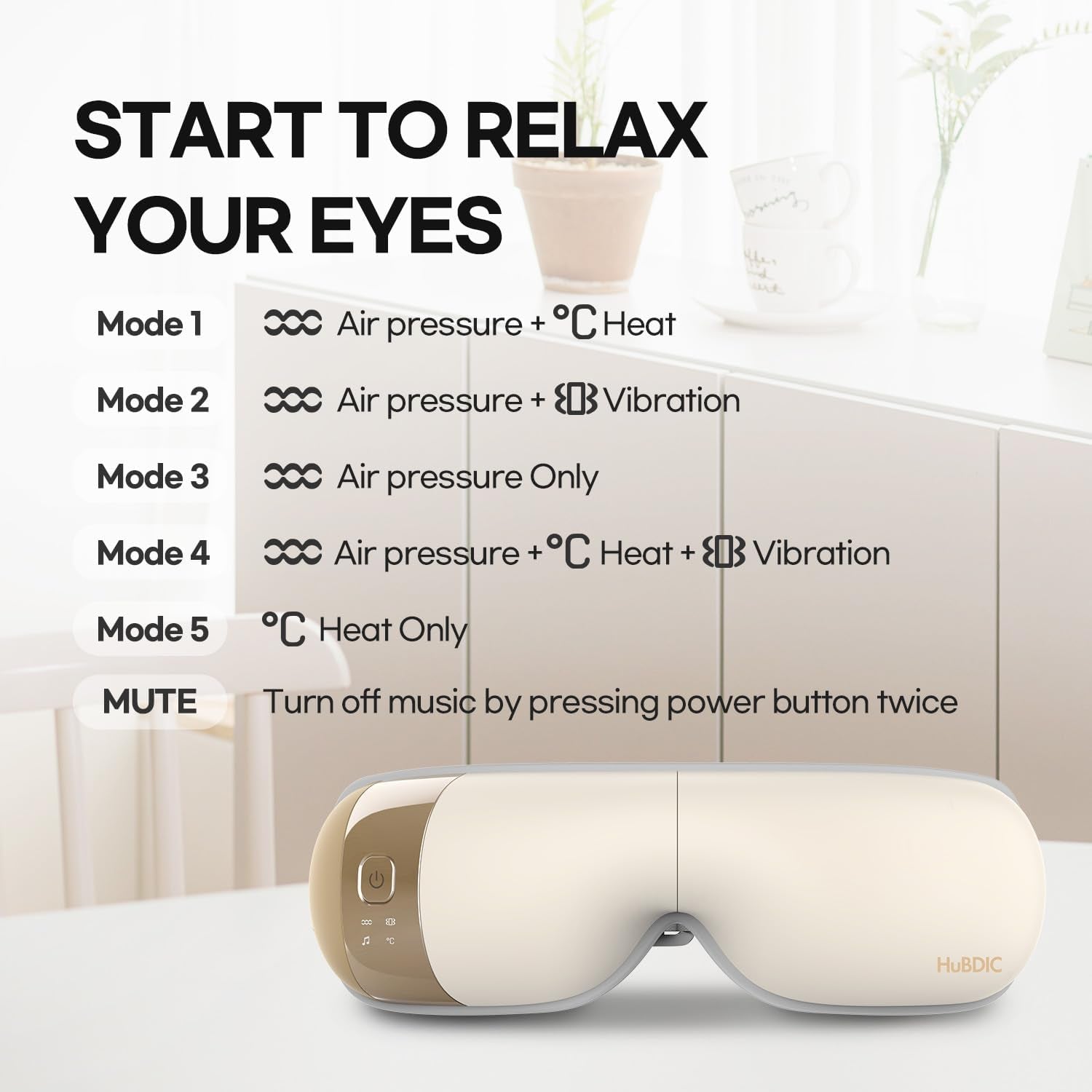 Hubicare Eye Massager - Heat, Vibration & Music for Stress Relief, Dark Circle Reduction, and Enhanced Sleep - Perfect Gift for Men & Women (Ivory)