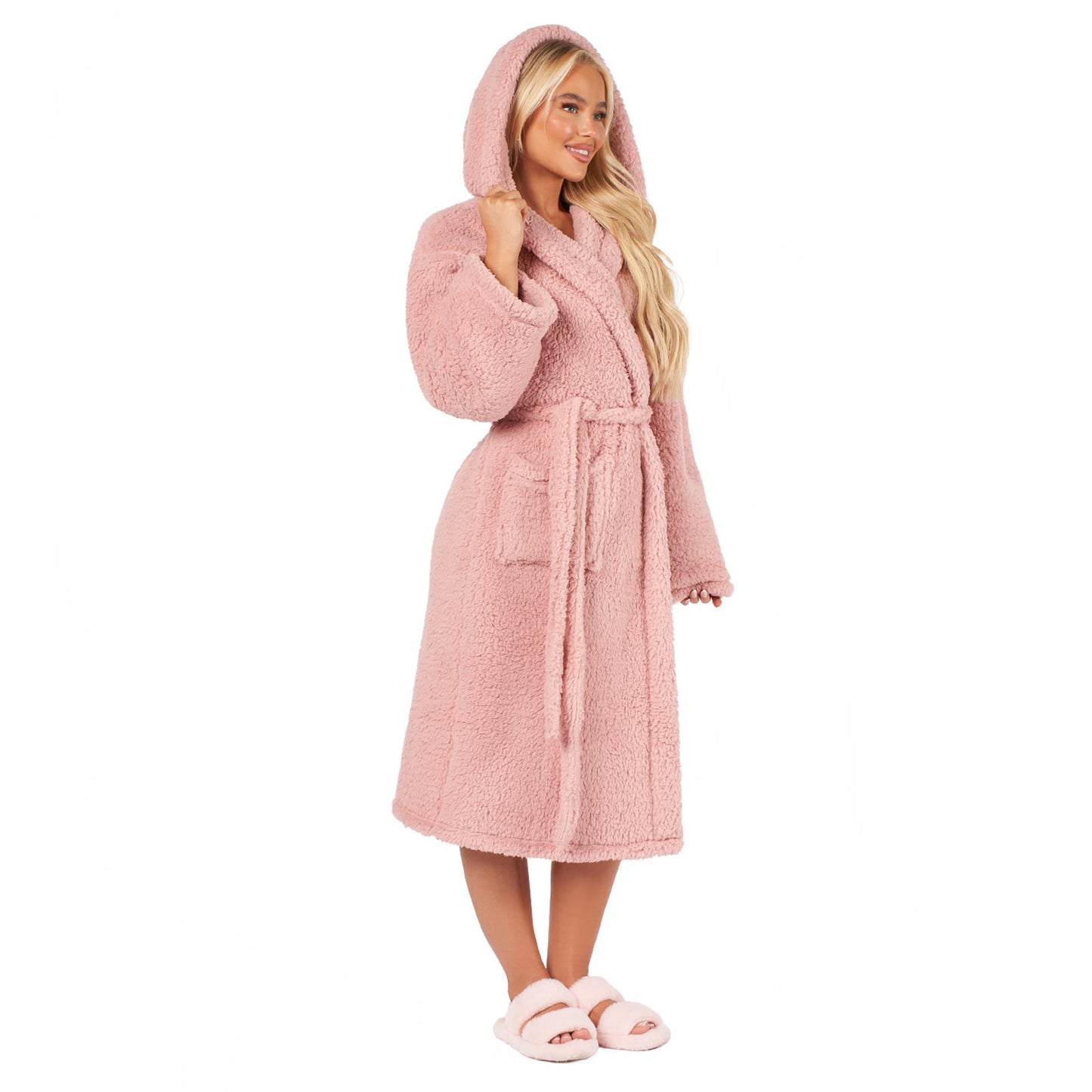 Luxurious Teddy Fleece Hooded Long Dressing Gown - Warm & Cosy Robe for Ladies