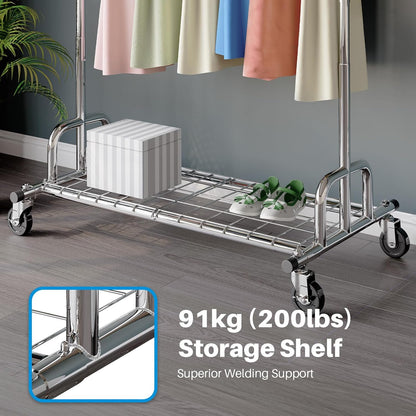 Sturdy Extendable Clothes Rail with Lockable Wheels & Shelves - 238Kg Capacity, Perfect for Space-Saving in Bedrooms, Apartments, & Laundry Rooms - Sleek Silver Design