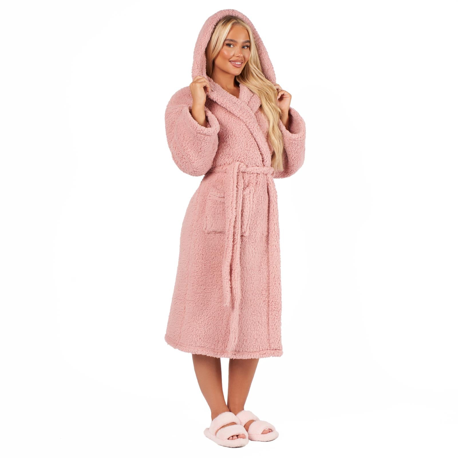 Luxurious Teddy Fleece Hooded Long Dressing Gown - Warm & Cosy Robe for Ladies