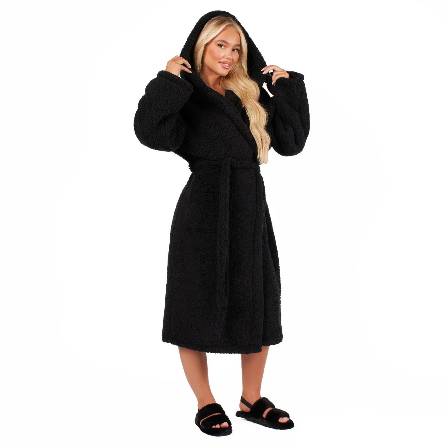 Luxurious Teddy Fleece Hooded Long Dressing Gown - Warm & Cosy Robe for Ladies