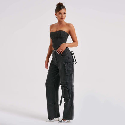 Chic Women's Low Waist Three-Dimensional Tube Top Jeans with Pocket Stitching