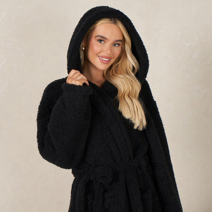 Luxurious Teddy Fleece Hooded Long Dressing Gown - Warm & Cosy Robe for Ladies