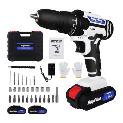 Dayplus 21V Cordless Drill Set - Powerful Electric Screwdriver with 2-Speed Settings, 25+1 Torque, Fast Charger & Long-Lasting Li-Ion Battery
