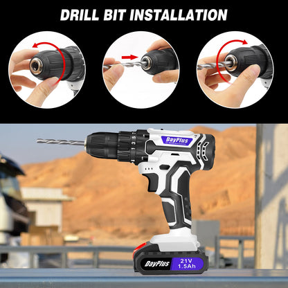 Dayplus 21V Cordless Drill Set - Powerful Electric Screwdriver with 2-Speed Settings, 25+1 Torque, Fast Charger & Long-Lasting Li-Ion Battery