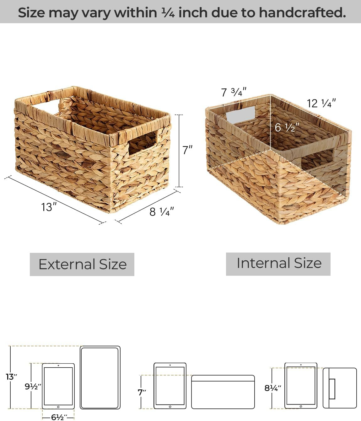 Stylish Wicker Storage Baskets with Handles - 2-Pack Large Rectangular Organizers for Pantry & Bathroom in Natural Water Hyacinth