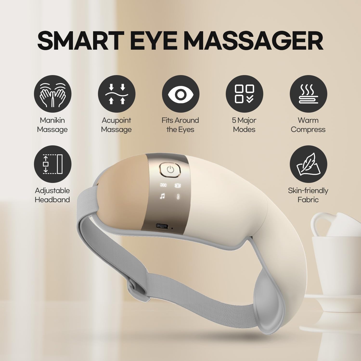 Hubicare Eye Massager - Heat, Vibration & Music for Stress Relief, Dark Circle Reduction, and Enhanced Sleep - Perfect Gift for Men & Women (Ivory)