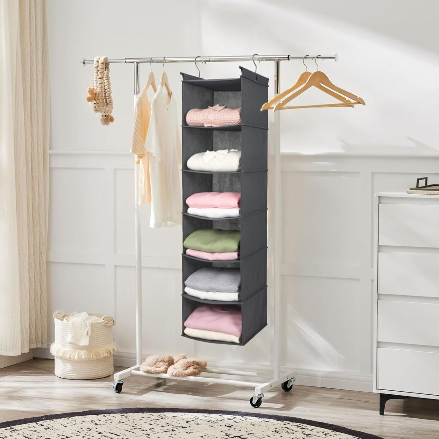 Maximize Your Space with a 6-Tier Hanging Closet Organizer - Foldable & Sturdy Hooks (Grey)