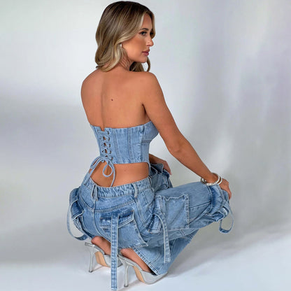 Chic Women's Low Waist Three-Dimensional Tube Top Jeans with Pocket Stitching