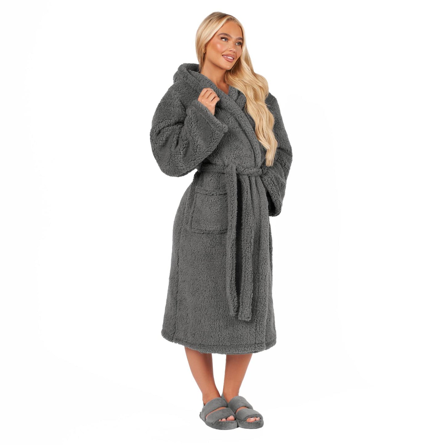 Luxurious Teddy Fleece Hooded Long Dressing Gown - Warm & Cosy Robe for Ladies